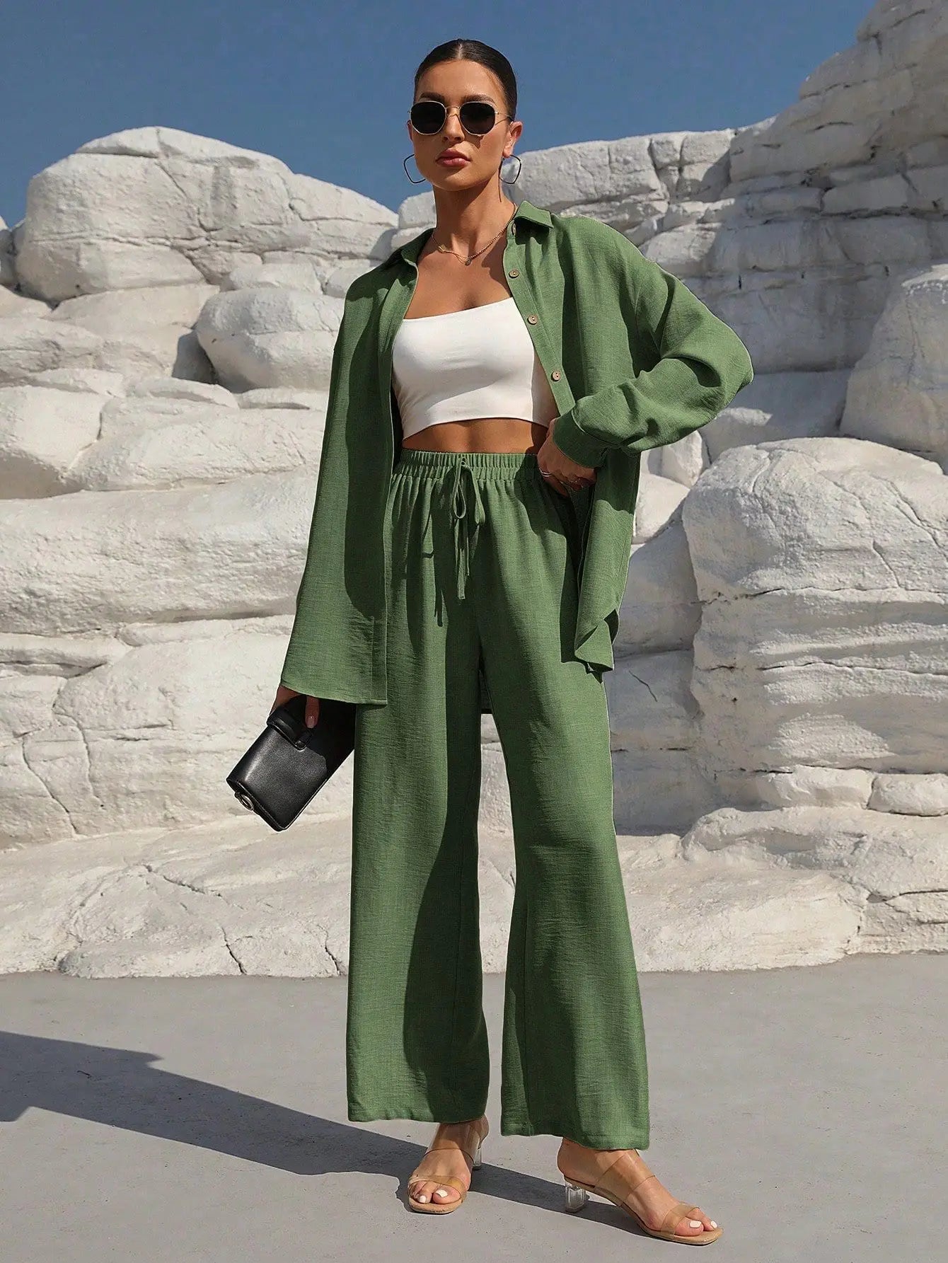 Fashion Commuter Women'S Trousers Suit Spring/Autumn New Casual Solid Color Long-Sleeved Single-Breasted Top Loose Trousers Suit