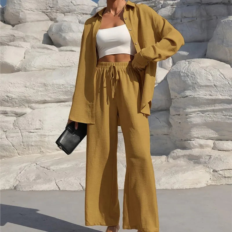 Fashion Commuter Women'S Trousers Suit Spring/Autumn New Casual Solid Color Long-Sleeved Single-Breasted Top Loose Trousers Suit