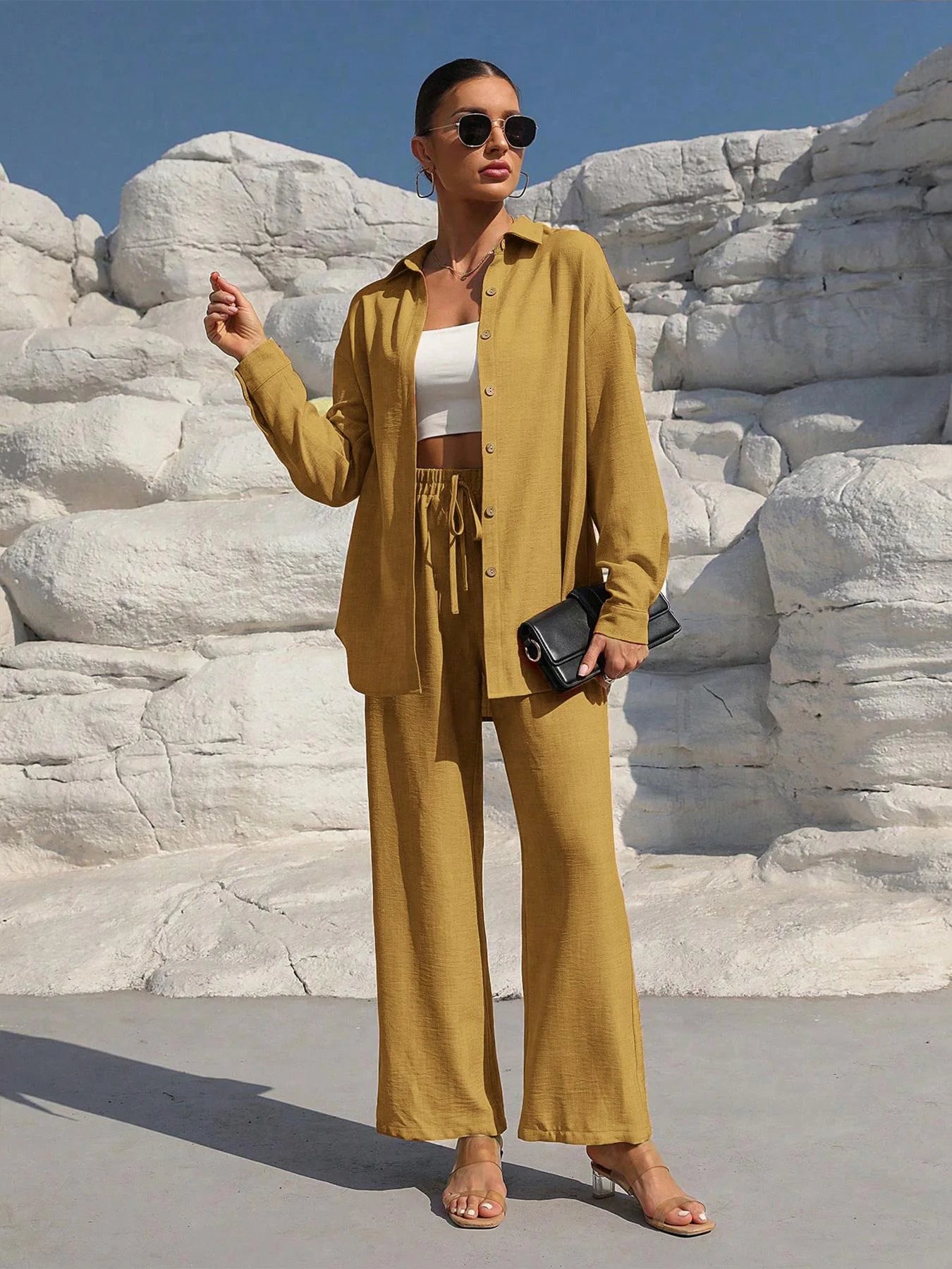 Fashion Commuter Women'S Trousers Suit Spring/Autumn New Casual Solid Color Long-Sleeved Single-Breasted Top Loose Trousers Suit