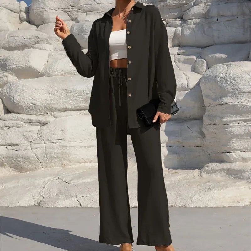 Fashion Commuter Women'S Trousers Suit Spring/Autumn New Casual Solid Color Long-Sleeved Single-Breasted Top Loose Trousers Suit