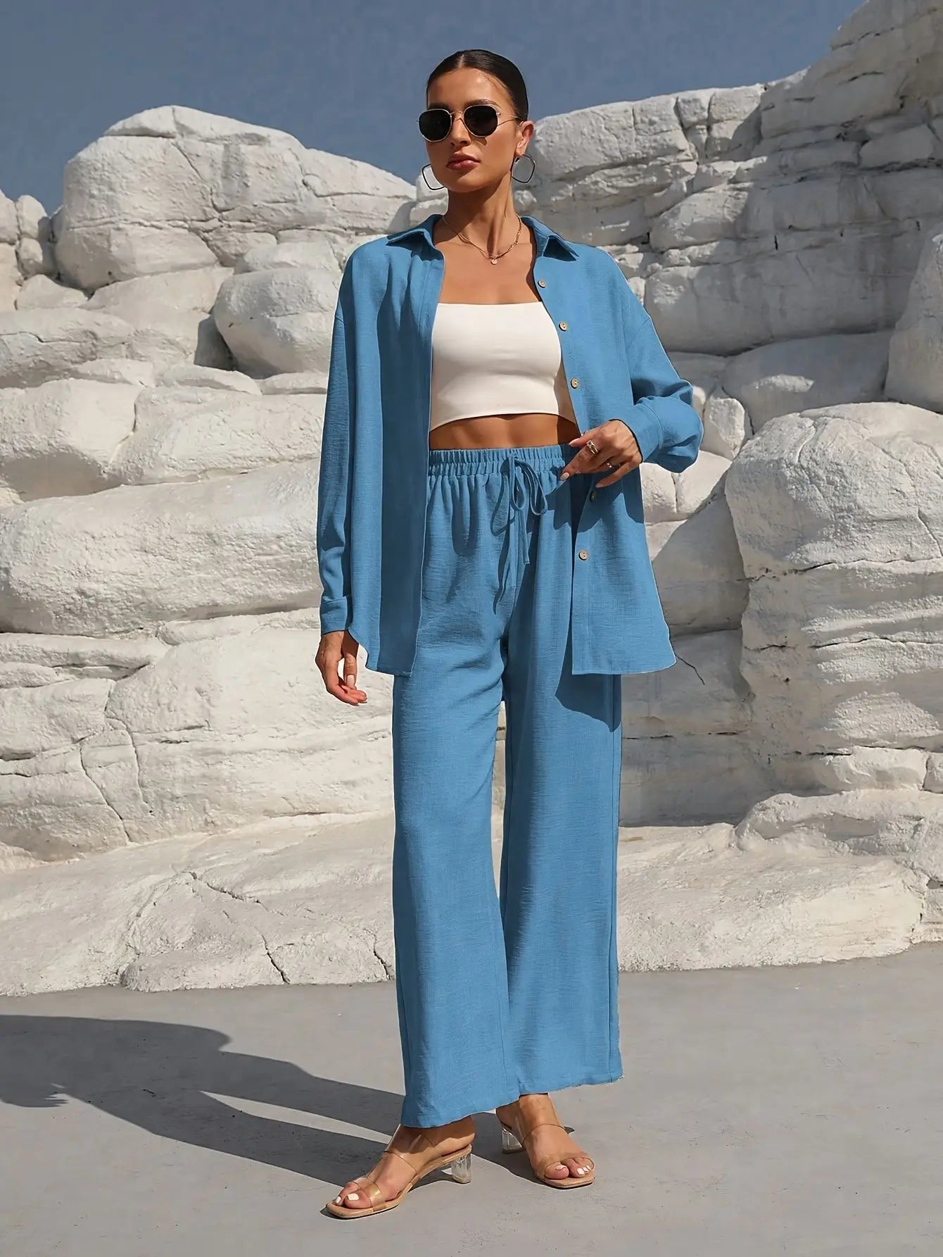 Fashion Commuter Women'S Trousers Suit Spring/Autumn New Casual Solid Color Long-Sleeved Single-Breasted Top Loose Trousers Suit