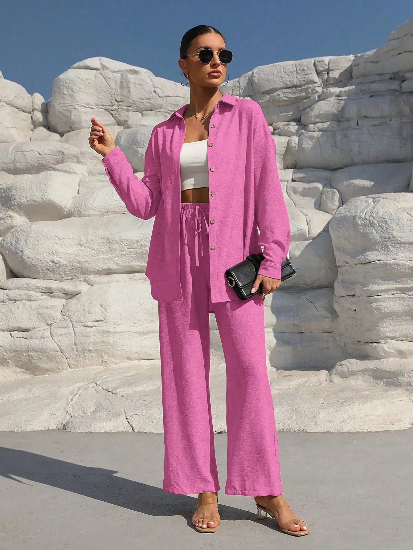 Fashion Commuter Women'S Trousers Suit Spring/Autumn New Casual Solid Color Long-Sleeved Single-Breasted Top Loose Trousers Suit