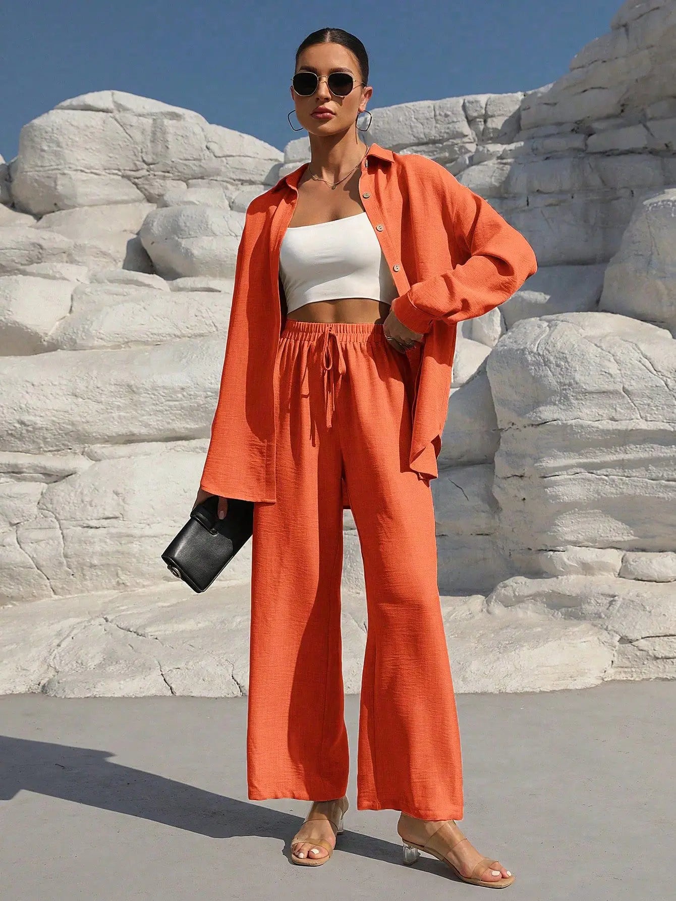 Fashion Commuter Women'S Trousers Suit Spring/Autumn New Casual Solid Color Long-Sleeved Single-Breasted Top Loose Trousers Suit