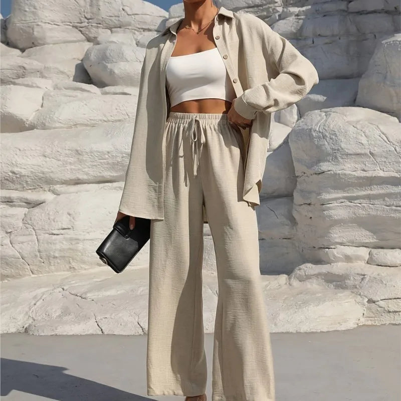 Fashion Commuter Women'S Trousers Suit Spring/Autumn New Casual Solid Color Long-Sleeved Single-Breasted Top Loose Trousers Suit