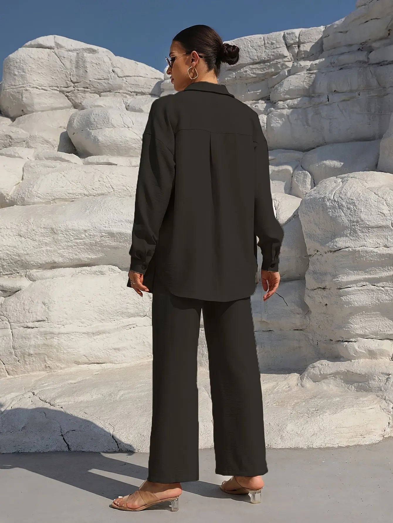 Fashion Commuter Women'S Trousers Suit Spring/Autumn New Casual Solid Color Long-Sleeved Single-Breasted Top Loose Trousers Suit