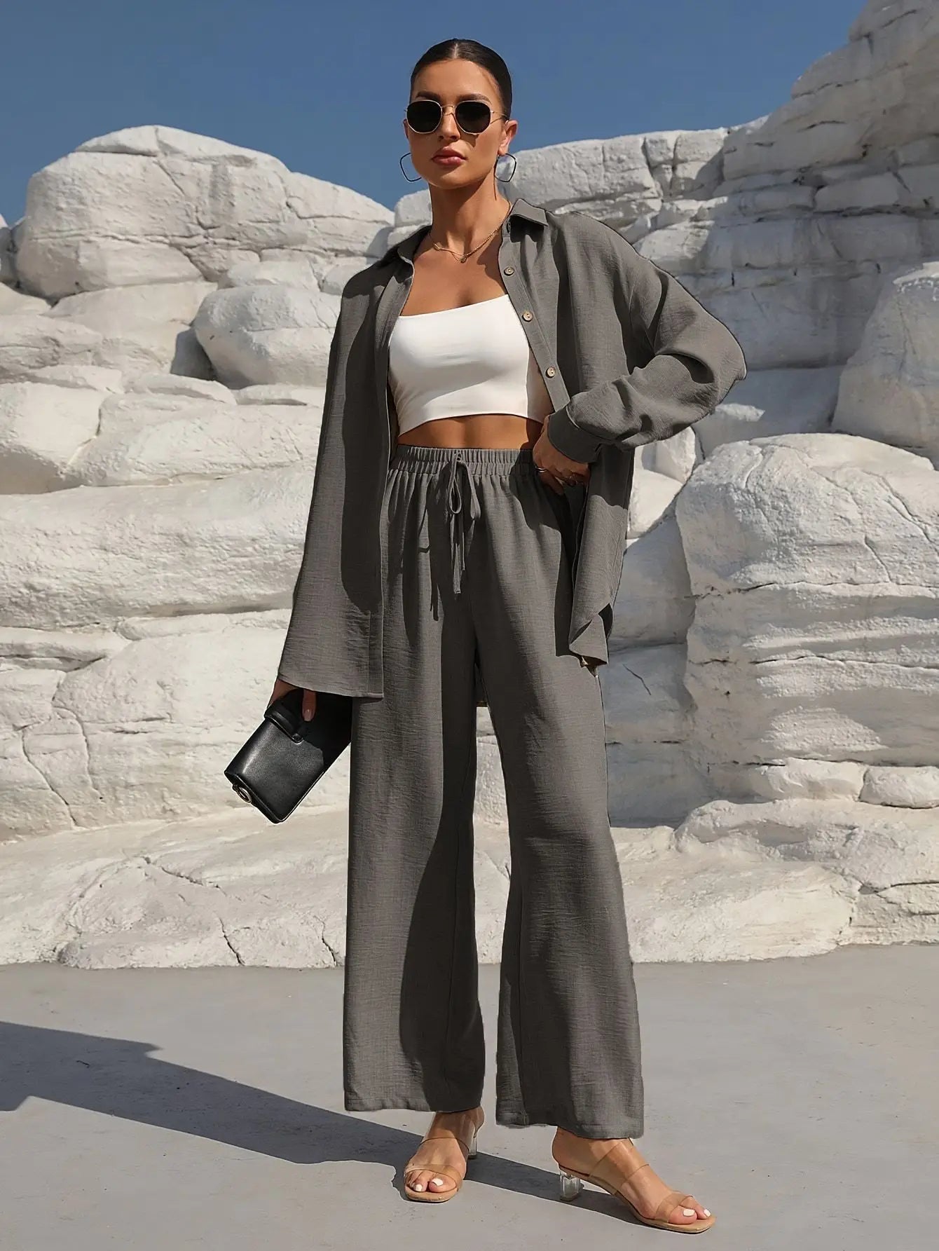 Fashion Commuter Women'S Trousers Suit Spring/Autumn New Casual Solid Color Long-Sleeved Single-Breasted Top Loose Trousers Suit