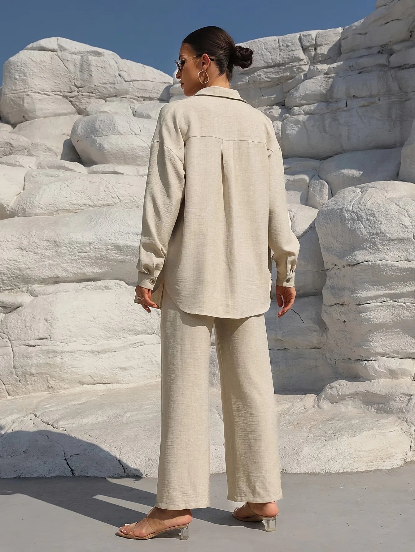 Fashion Commuter Women'S Trousers Suit Spring/Autumn New Casual Solid Color Long-Sleeved Single-Breasted Top Loose Trousers Suit